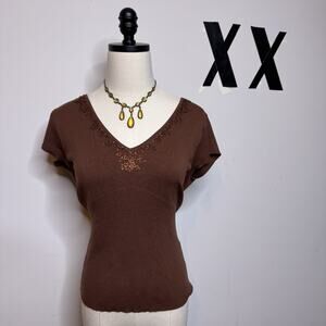 Vintage Y2K Brown Cap Sleeve Ribbed Knit Fitted Top • Embellished Indie Fairy M